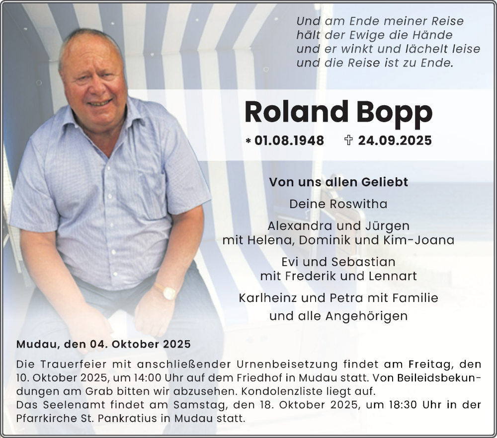  Traueranzeige für Roland Bopp vom 04.10.2025 aus Fränkische Nachrichten