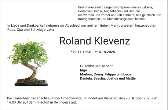 Traueranzeige von Roland Klevenz von Schwetzinger Zeitung