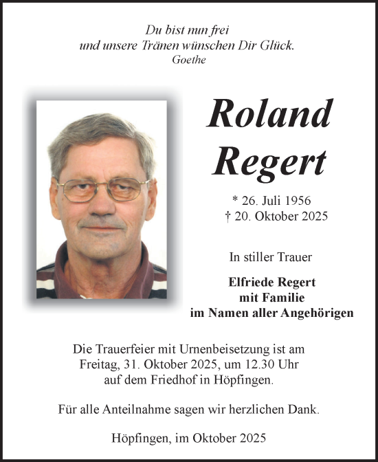 Traueranzeige von Roland Regert von Fränkische Nachrichten