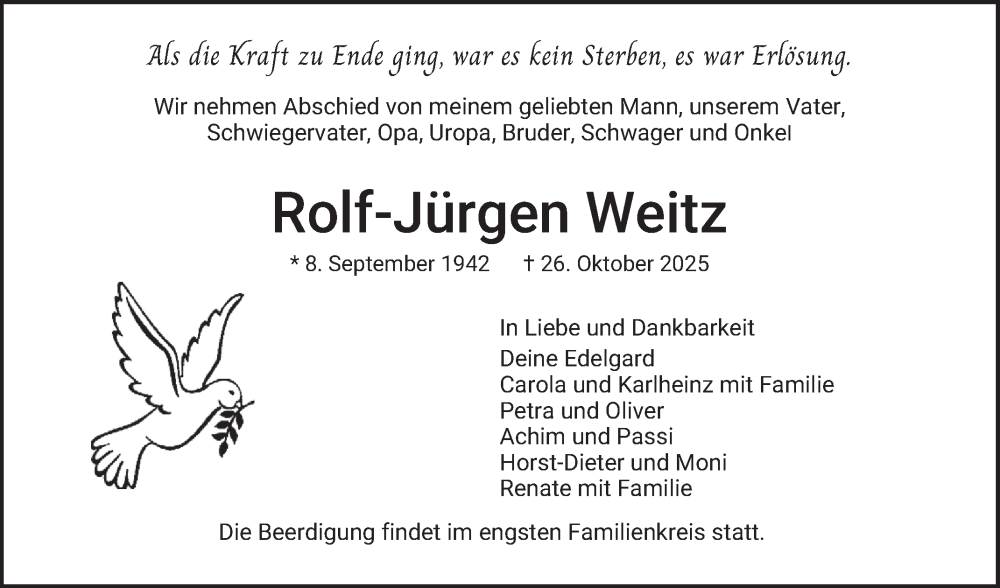  Traueranzeige für Rolf-Jürgen Weitz vom 31.10.2025 aus Mannheimer Morgen