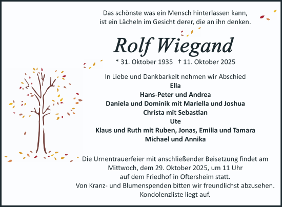 Traueranzeige von Rolf Wiegand von Schwetzinger Zeitung