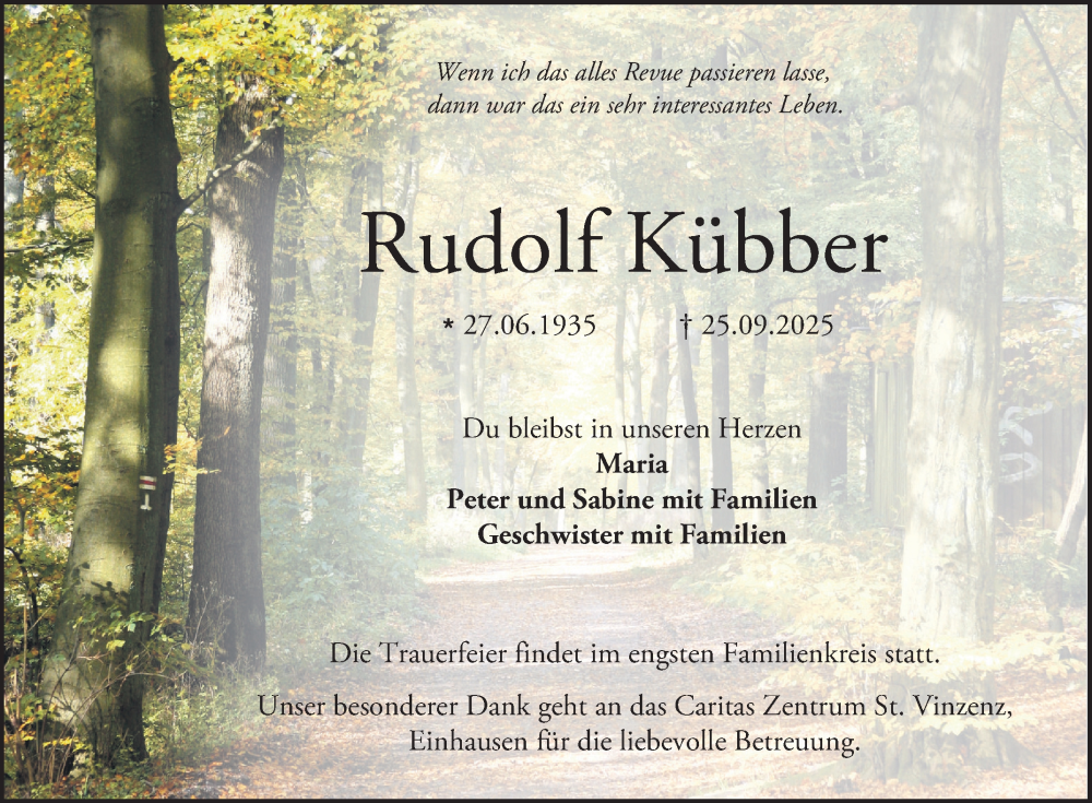  Traueranzeige für Rudolf Kübber vom 11.10.2025 aus Bergsträßer Anzeiger