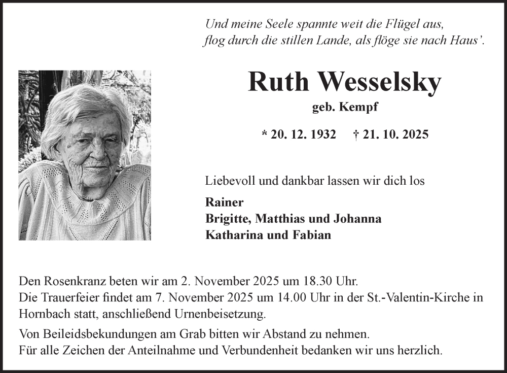 Traueranzeige für Ruth Wesselsky vom 31.10.2025 aus Fränkische Nachrichten