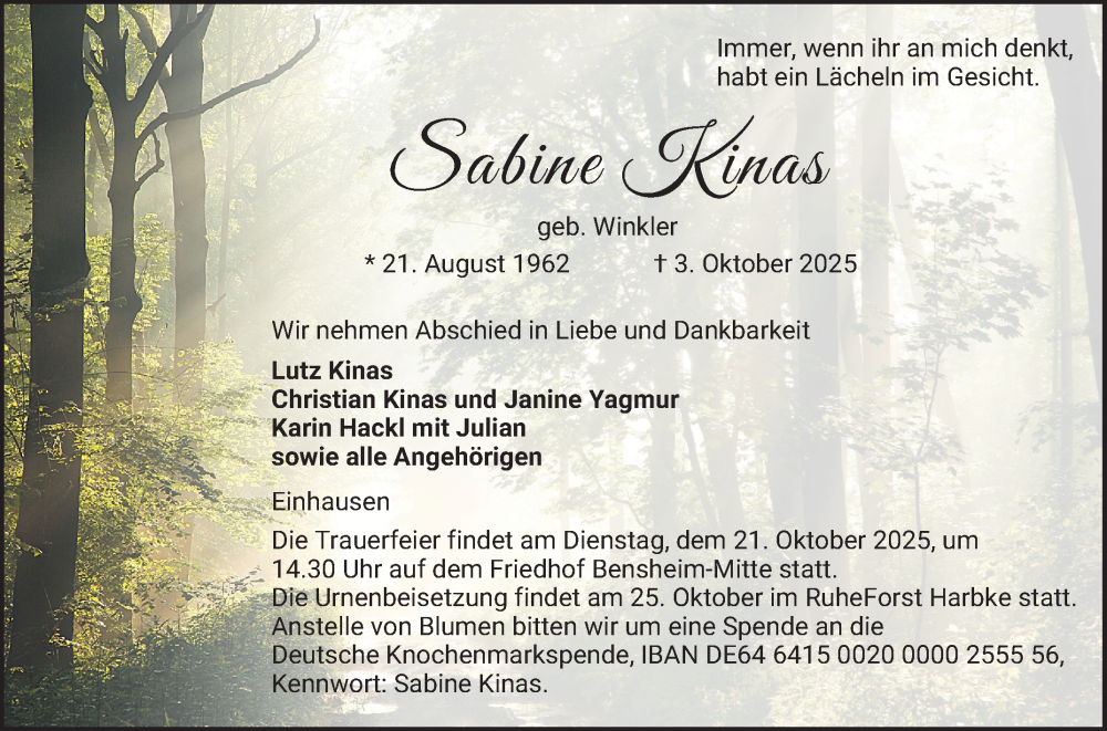  Traueranzeige für Sabine Kinas vom 18.10.2025 aus Bergsträßer Anzeiger