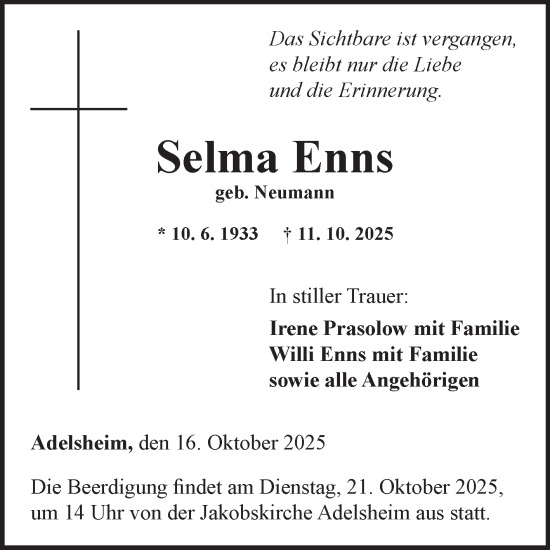 Traueranzeige von Selma Enns von Fränkische Nachrichten