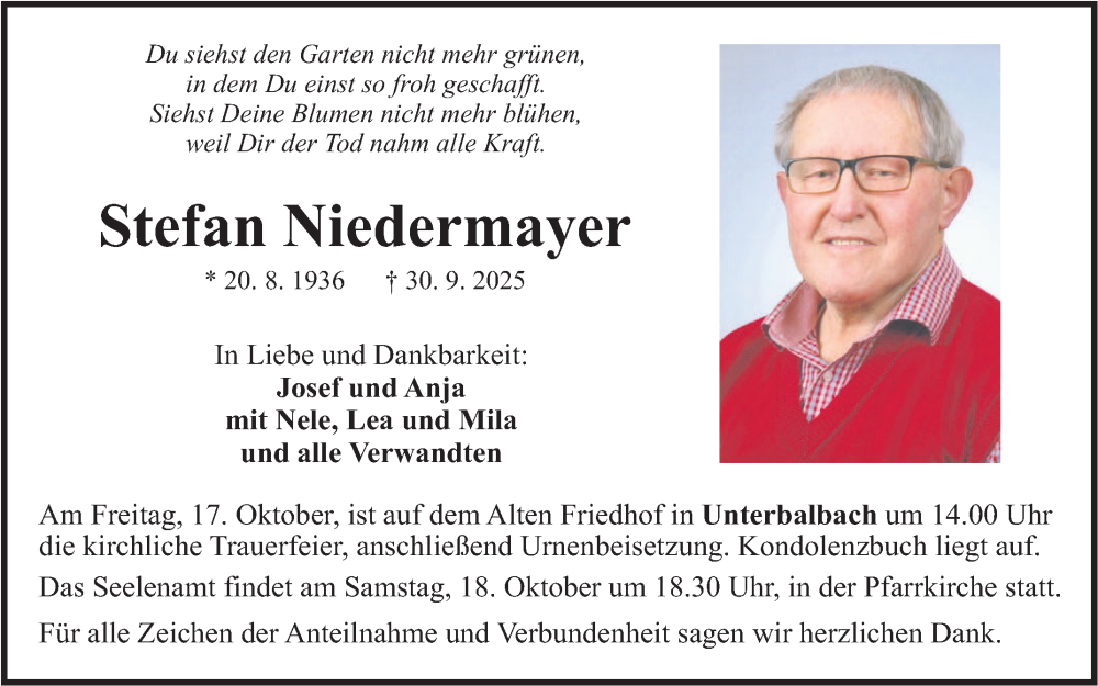  Traueranzeige für Stefan Niedermayer vom 11.10.2025 aus Fränkische Nachrichten