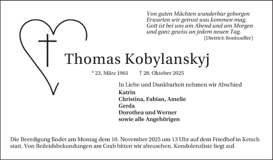 Traueranzeige von Thomas Kobylanskyj von Schwetzinger Zeitung