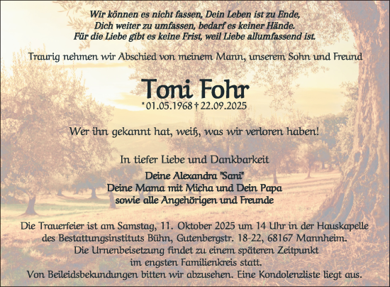 Traueranzeige von Toni Fohr von Mannheimer Morgen