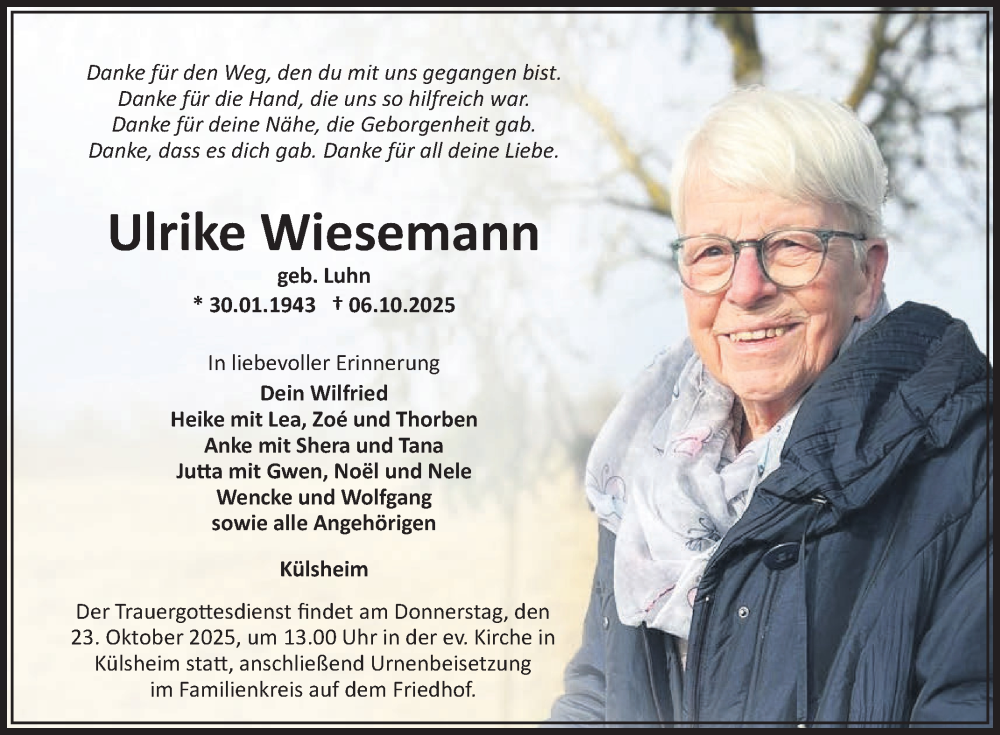  Traueranzeige für Ulrike Wiesemann vom 18.10.2025 aus Fränkische Nachrichten