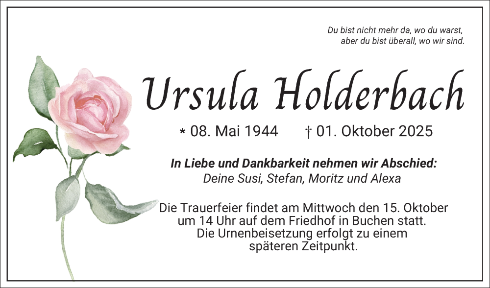  Traueranzeige für Ursula Holderbach vom 11.10.2025 aus Fränkische Nachrichten