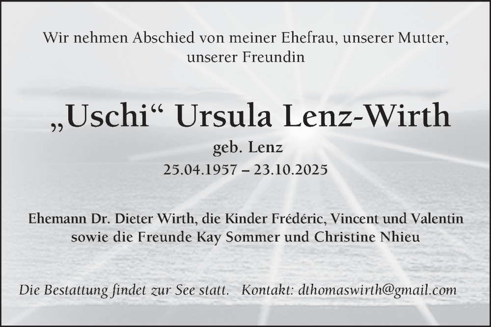  Traueranzeige für Ursula Lenz-Wirth vom 31.10.2025 aus Mannheimer Morgen