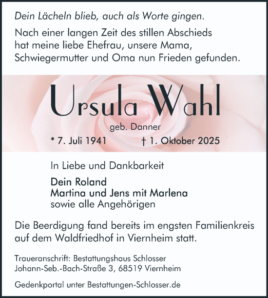 Traueranzeige von Ursula Wahl von Mannheimer Morgen