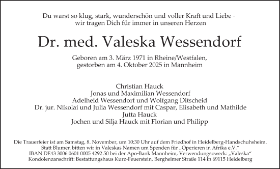Traueranzeige von Valeska Wessendorf von Mannheimer Morgen