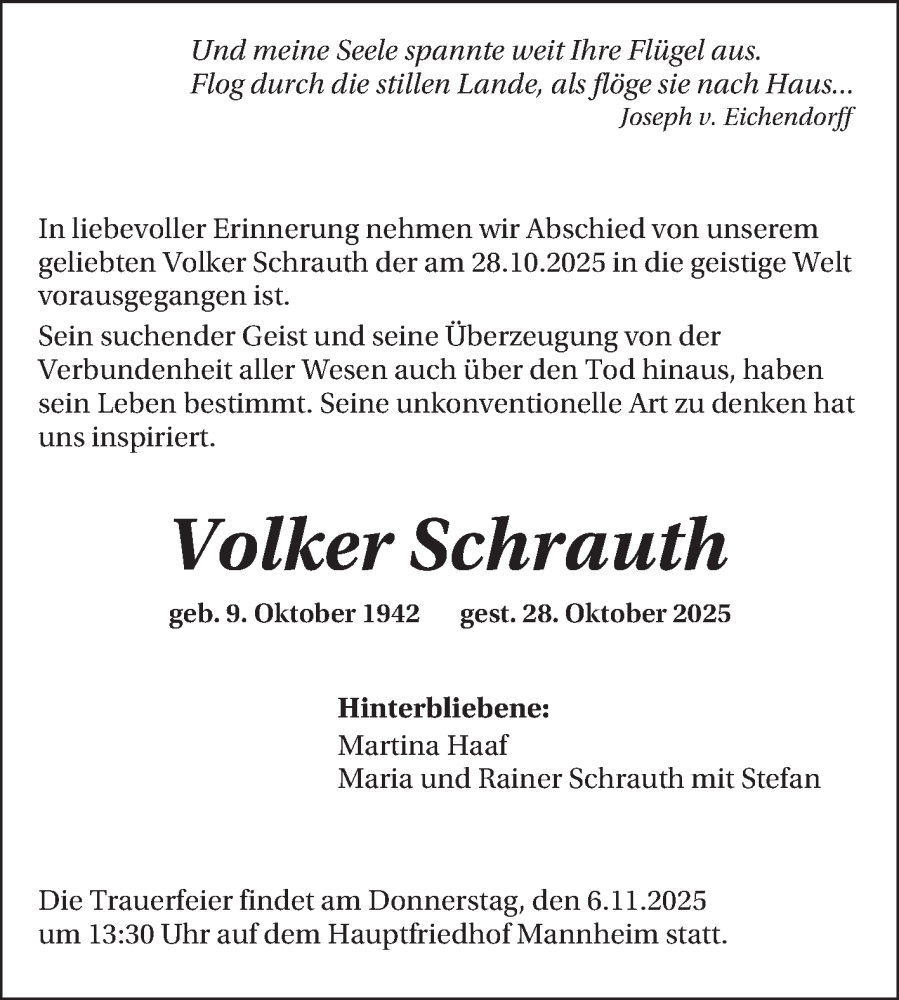  Traueranzeige für Volker Schrauth vom 31.10.2025 aus Mannheimer Morgen