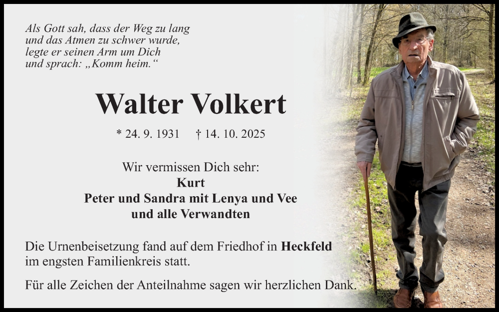  Traueranzeige für Walter Volkert vom 29.10.2025 aus Fränkische Nachrichten