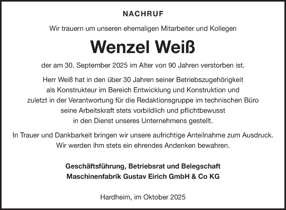  Traueranzeige für Wenzel Weiß vom 11.10.2025 aus Fränkische Nachrichten