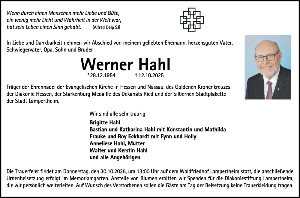  Traueranzeige für Werner Hahl vom 25.10.2025 aus Mannheimer Morgen