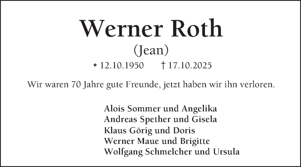  Traueranzeige für Werner Roth vom 31.10.2025 aus Mannheimer Morgen
