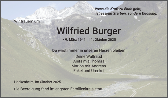 Traueranzeige von Wilfried Burger von Schwetzinger Zeitung