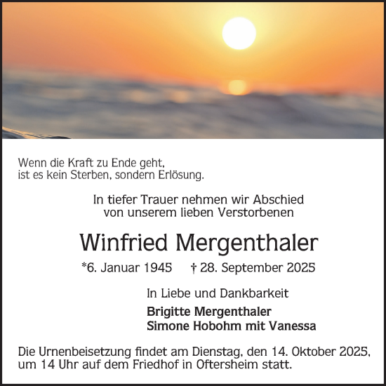 Traueranzeige von Winfried Mergenthaler von Schwetzinger Zeitung