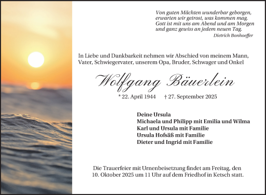 Traueranzeige von Wolfgang Bäuerlein von Schwetzinger Zeitung