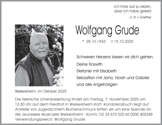 Traueranzeige von Wolfgang Grude von Fränkische Nachrichten