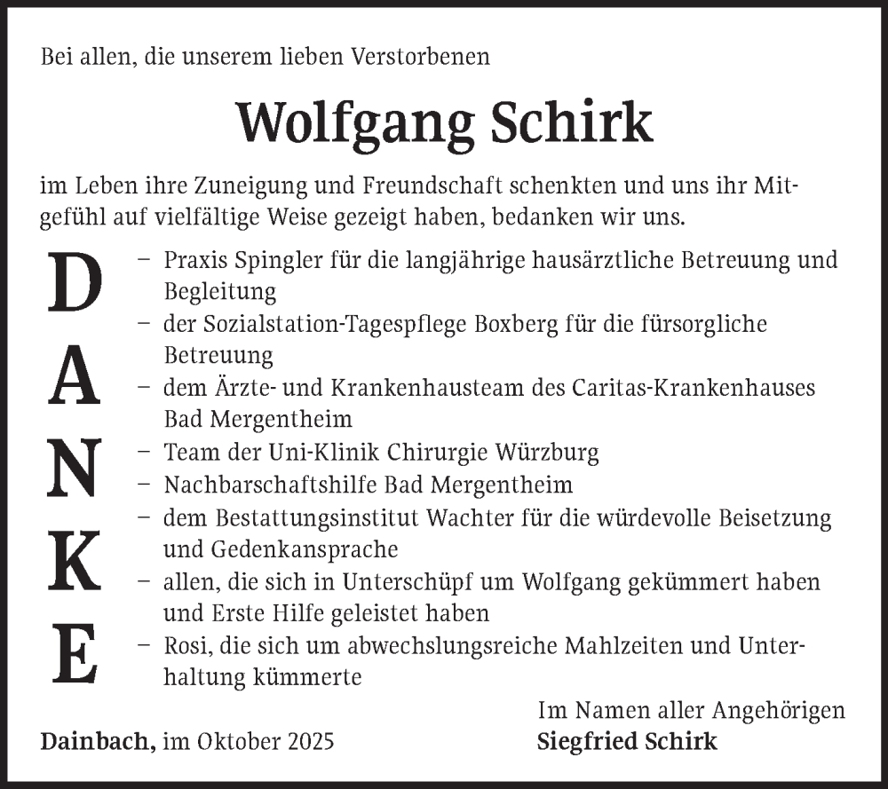  Traueranzeige für Wolfgang Schirk vom 11.10.2025 aus Fränkische Nachrichten