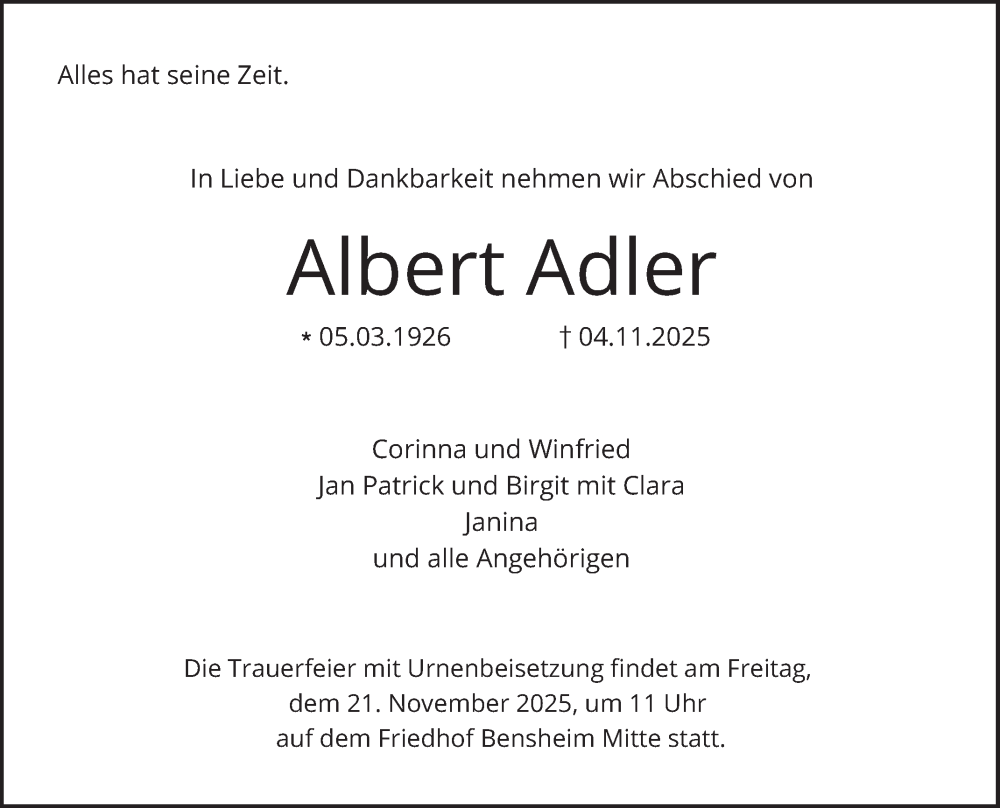  Traueranzeige für Albert Adler vom 15.11.2025 aus Bergsträßer Anzeiger