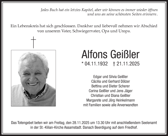 Traueranzeige von Alfons Geißler von Fränkische Nachrichten