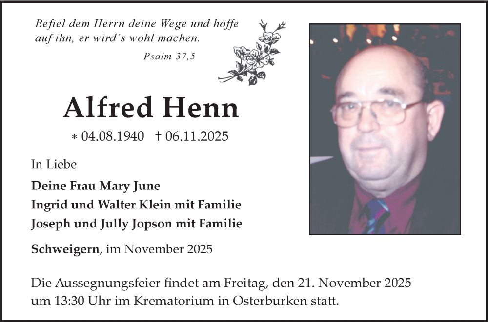  Traueranzeige für Alfred Henn vom 12.11.2025 aus Fränkische Nachrichten