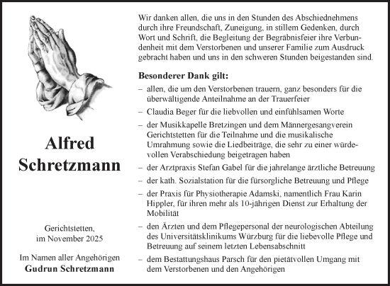 Traueranzeige von Alfred Schretzmann von Fränkische Nachrichten