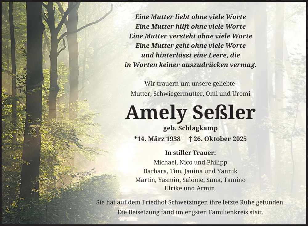  Traueranzeige für Amely Seßler vom 22.11.2025 aus Schwetzinger Zeitung