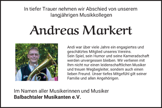 Traueranzeige von Andreas Markert von Fränkische Nachrichten