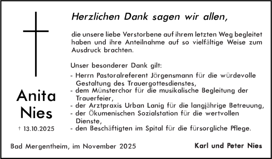 Traueranzeige von Anita Nies von Fränkische Nachrichten