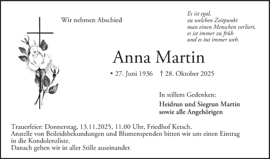 Traueranzeige von Anna Martin von Schwetzinger Zeitung