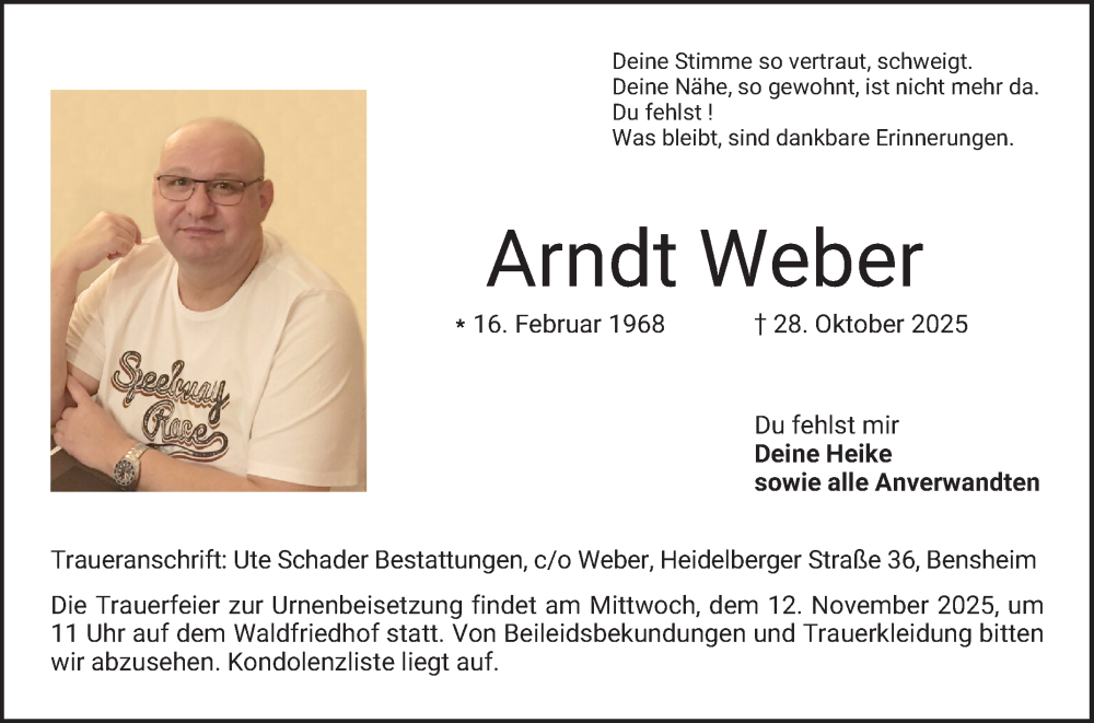  Traueranzeige für Arndt Weber vom 08.11.2025 aus Bergsträßer Anzeiger
