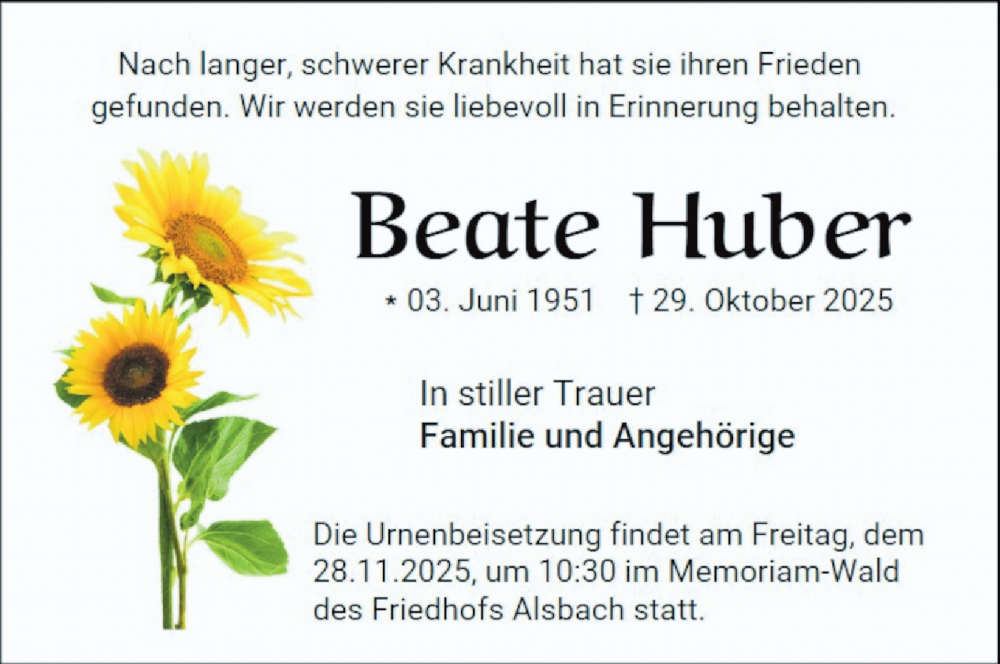  Traueranzeige für Beate Huber vom 05.11.2025 aus Bergsträßer Anzeiger
