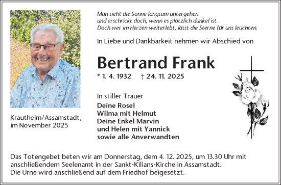 Traueranzeige von Bertrand Frank von Fränkische Nachrichten