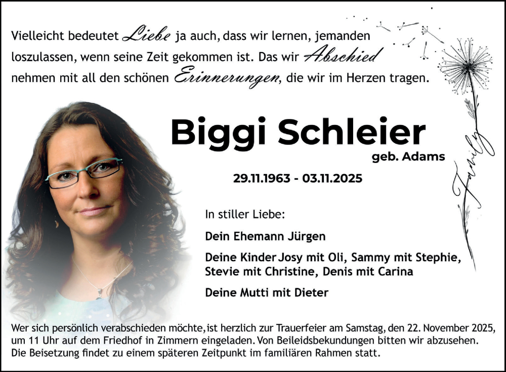  Traueranzeige für Biggi Schleier vom 15.11.2025 aus Fränkische Nachrichten