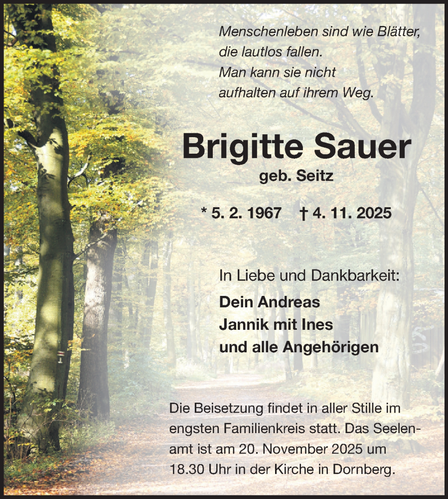  Traueranzeige für Brigitte Sauer vom 17.11.2025 aus Fränkische Nachrichten