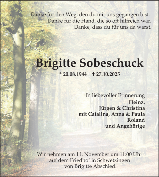 Traueranzeige von Brigitte Sobeschuck von Schwetzinger Zeitung