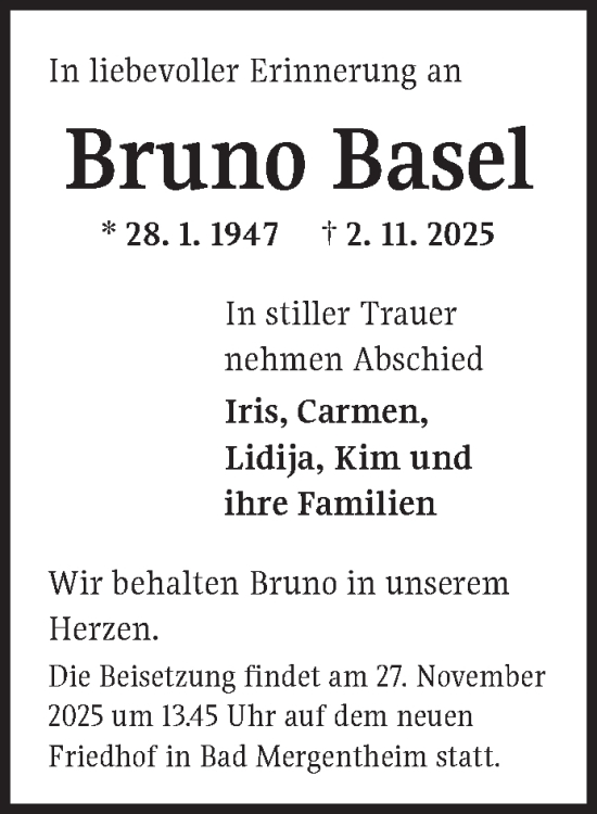 Traueranzeige von Bruno Basel von Fränkische Nachrichten