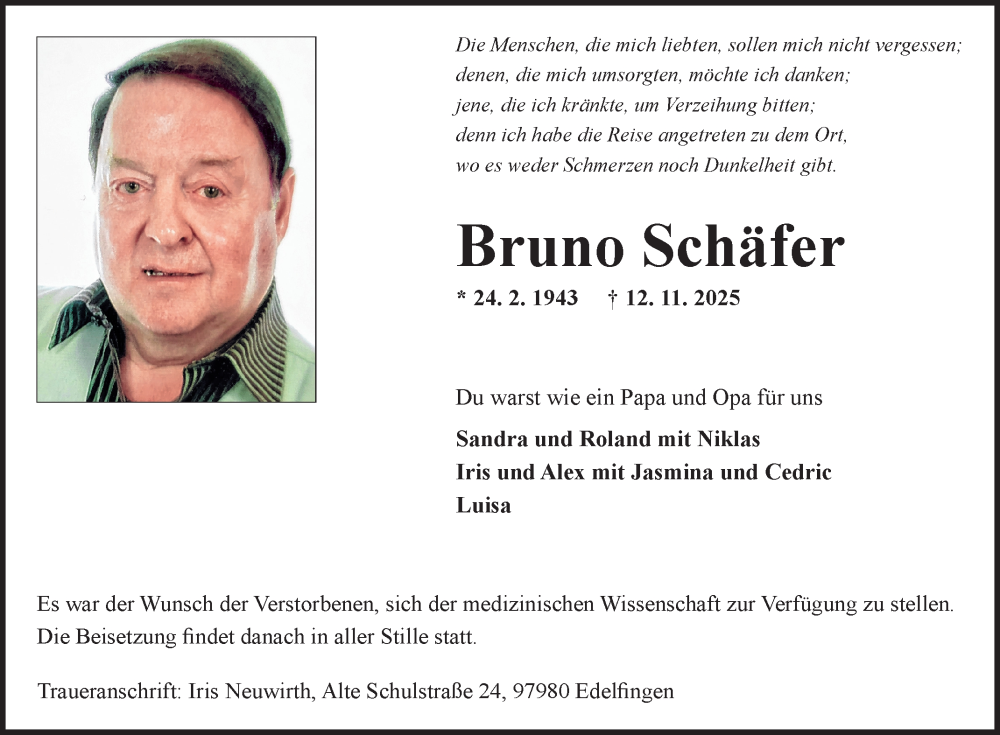  Traueranzeige für Bruno Schäfer vom 22.11.2025 aus Fränkische Nachrichten