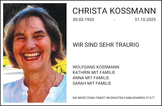 Traueranzeige von Christa Kossmann von Bergsträßer Anzeiger