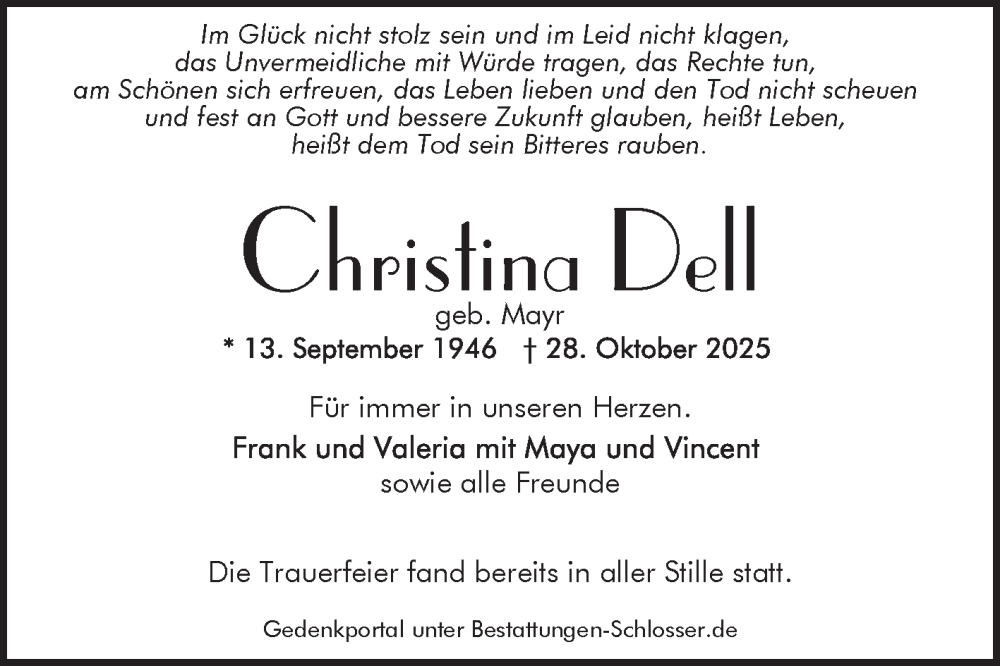  Traueranzeige für Christina Dell vom 18.11.2025 aus Mannheimer Morgen