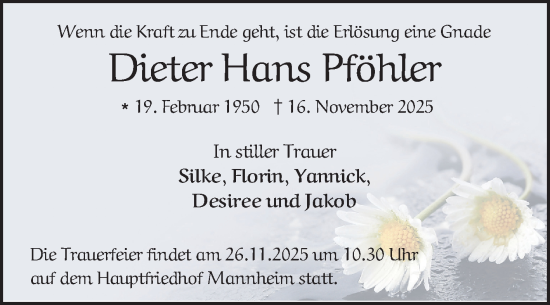 Traueranzeige von Dieter Hans Pföhler von Mannheimer Morgen