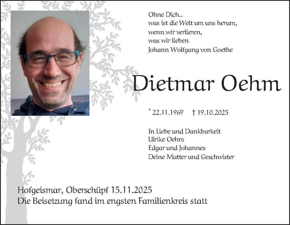  Traueranzeige für Dietmar Oehm vom 15.11.2025 aus Fränkische Nachrichten