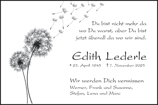 Traueranzeige von Edith Lederle von Mannheimer Morgen