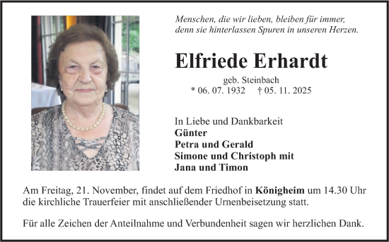 Traueranzeige von Elfriede Erhardt von Fränkische Nachrichten