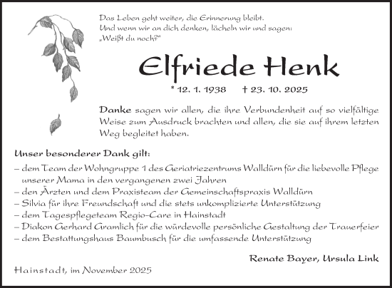 Traueranzeige von Elfriede Henk von Fränkische Nachrichten
